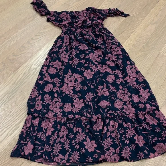 Lulu's Pink Floral Off Shoulder Ruffle Lurex Maxi Dress M - Picture 2 of 9